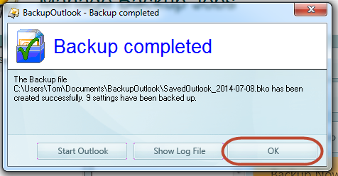 Outlook backup is finished