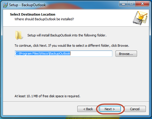 Select folder location for Backup Outlook