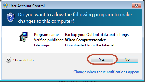 Outlook backup installation - User Account Control